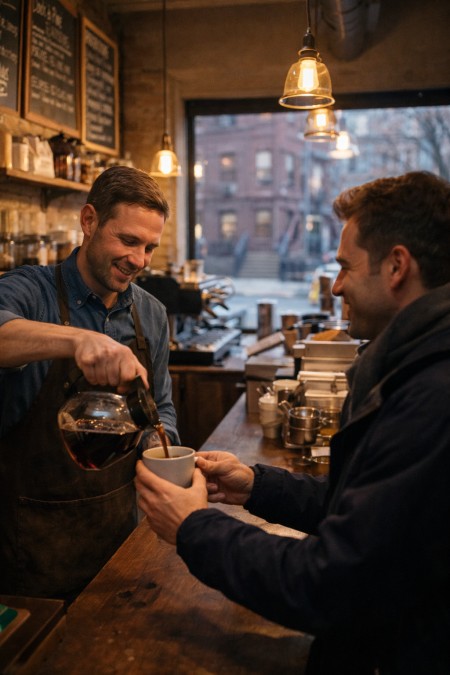 Small neighborhood coffee shop on a residential street in New York City