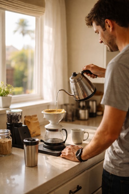 Person brewing coffee at home in a bright Phoenix kitchen during the morning