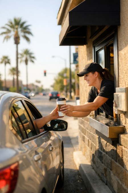 Commuter buying coffee at a drive-through coffee shop in Phoenix